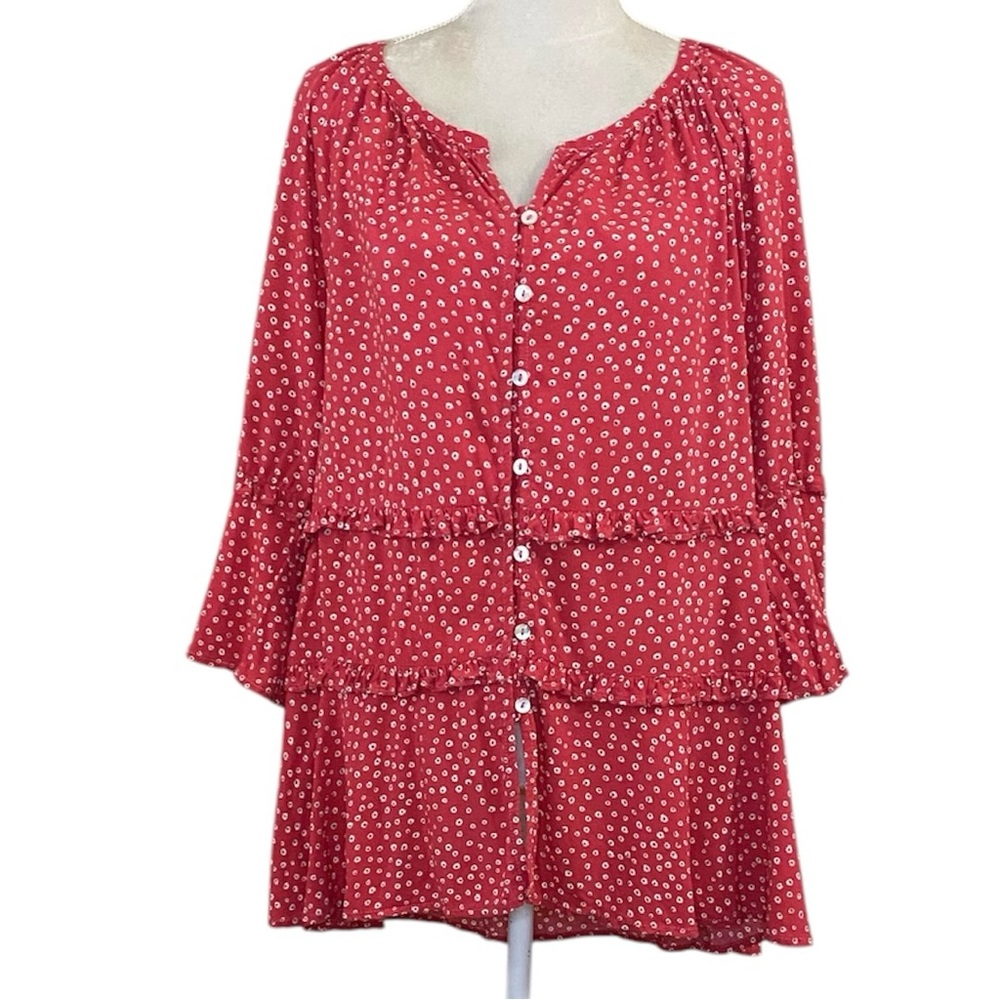 Beach Lunch Lounge Red Floral Ruffled Relaxed Oversized Button Top Sz S